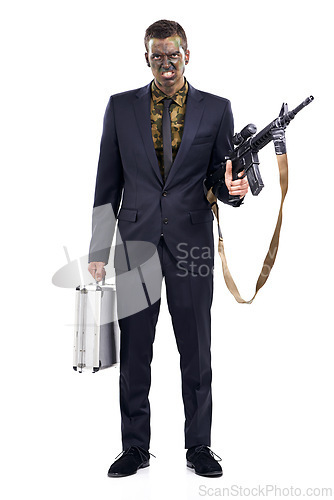 Image of Business man, gun and portrait for war with briefcase, anger or camouflage with face paint in studio. Person, assault rifle and corruption in military gear for deal, conflict or weapon sales in USA