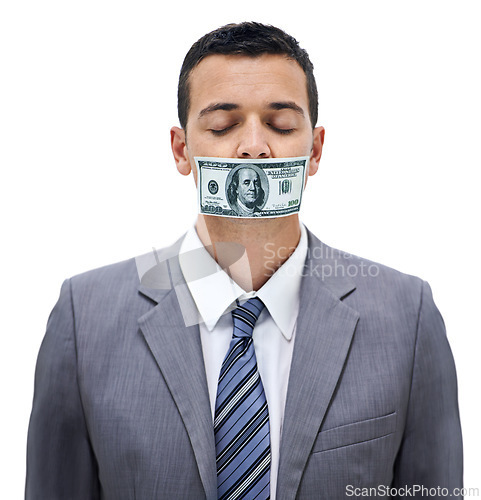 Image of Business man, money and mouth for silence, bribe or corruption with suit in studio by white background. Person, cash and quiet for corporate crime with fraud, finance and payment with eyes closed