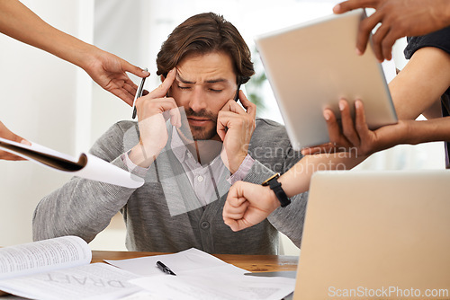 Image of Businessman, paperwork and technology with hands, chaos and frustrated in workplace for multitasking. Male person, headache and overworked with digital tech, documents and stressed for deadline time