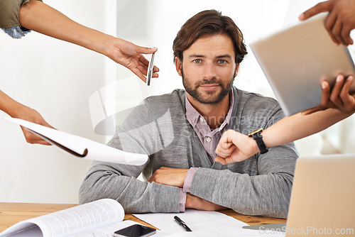 Image of Busy, businessman and portrait with tasks in hands at office with schedule, agenda or overwhelmed by responsibility. Calm, manager and cope with stress at work with help of people to multitask