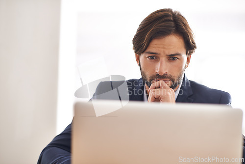 Image of Reading, research and businessman thinking on laptop with report on investment in stocks. Investor, planning and online decision on computer or review email, communication or project on website