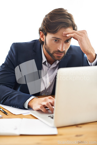 Image of Lawyer, man and office with laptop and stress at work, serious and paperwork with information for court. Law firm, small business and document with idea for contract to report on case and regulation