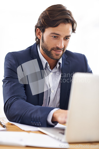 Image of Typing, report and businessman on laptop with project, investment and research in stocks. Investor, review and planning on computer with email, communication or analysis of information on website