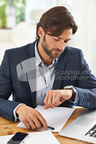 Image of Check, schedule and businessman with watch in office for appointment or reminder of agenda. Busy, entrepreneur and time management with clock and planning timetable for day in morning with wristwatch