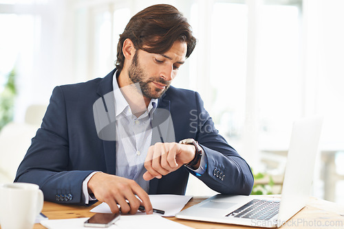 Image of Check, watch and businessman with schedule in office for appointment or reminder of agenda. Busy, entrepreneur and time management with clock and planning timetable for day in morning with wristwatch