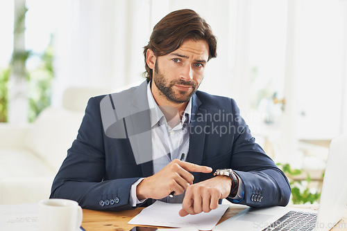 Image of Late, businessman and pointing to watch in office with appointment on schedule or agenda. Busy, entrepreneur and frustrated by delay in time with clock and planning timetable for day with wristwatch