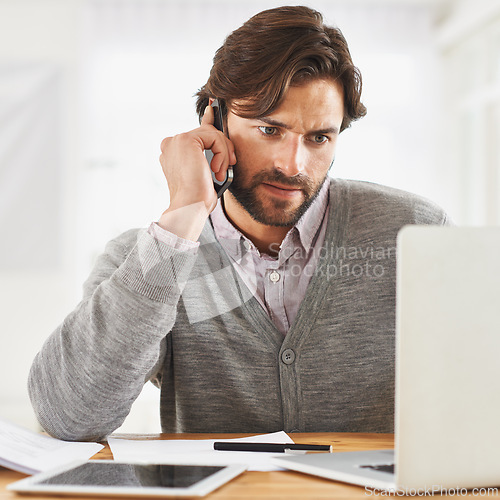 Image of Serious, businessman and phone call in office with laptop to report a 404, glitch or error with internet. Virtual, communication and frustrated with computer for business and consultation for help