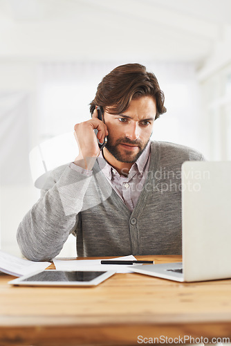 Image of Frustrated, businessman and phone call in office with laptop to report 404, glitch or error with internet. Virtual, communication and serious problem with computer and consultation for business