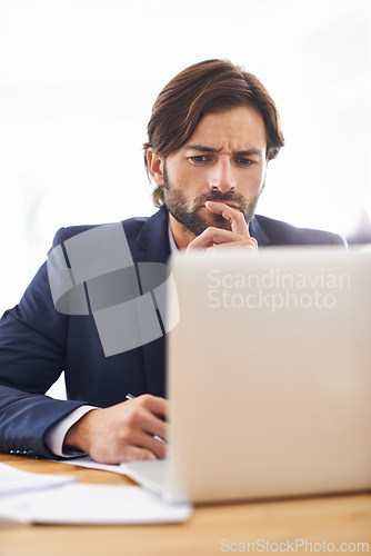 Image of Research, analysis and businessman thinking on laptop with report on investment and stocks. Investor, reading and planning decision on computer with review of project, strategy and information on web