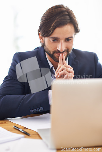 Image of Lawyer, man and office with laptop and idea at work, smile and paperwork with information for court. Law firm, small business and document with thinking for contract to analyze, case and regulation.