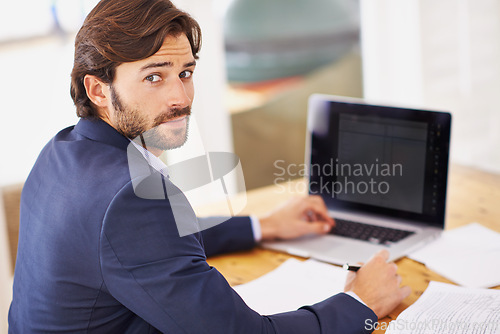 Image of Lawyer, man and home with paperwork on laptop for remote work, and confidence in suit. House, desk and professional with online for research on court case, compliance and prepare for contract