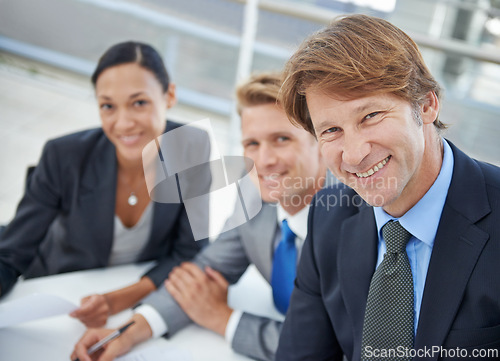 Image of Portrait, smile and business people meeting in office of boardroom for collaboration or planning. Face, corporate and teamwork with happy group of professional employees in workplace together