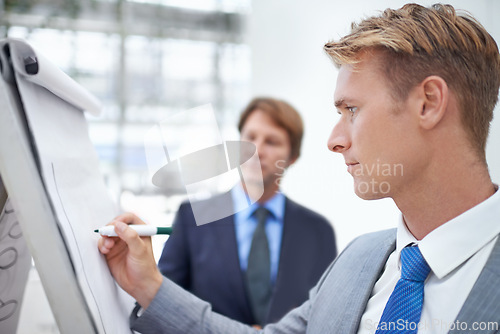 Image of Face, presentation and whiteboard with business man in boardroom of office for coaching or teaching. Meeting, planning or workshop with young corporate employee writing on paper for development