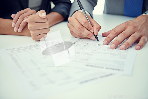 Image of Closeup, hands and business people with documents, economy or contract for b2b deal or financial . Broker, manager or employee with paperwork or trading with audit or signing with accounting or write