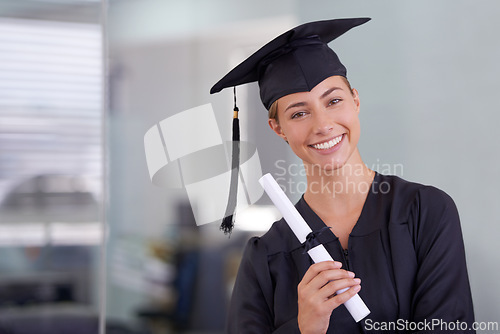 Image of Graduate, certificate and portrait of happy woman at university for scholarship in Canada. Face, graduation or smile of student with diploma for education, achievement or success at college in school