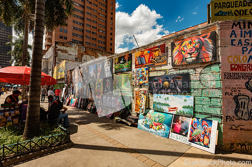 Image of Vendors sell art on the street, Medellin, Colombia