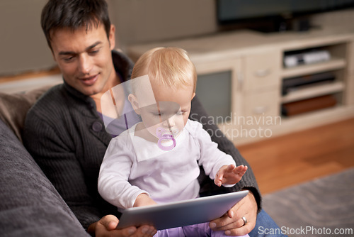 Image of Search, tablet or father and baby on sofa for cartoon, streaming or gaming while bonding at home. Digital, learning or dad and girl in living room with storytelling app, fantasy or child development