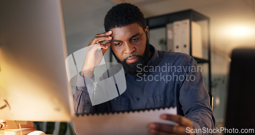 Image of Businessman, paperwork and thinking in office for planning, idea and review of budget in accounting. Black man, tired and documents with overtime work at night for deadline, report and information