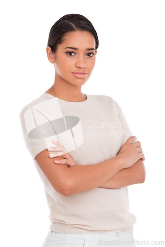 Image of Fashion, portrait and woman with arms crossed in studio with confidence, attitude and style on white background. Clothes, pride and female model posing with trendy, cool or neutral outfit choice