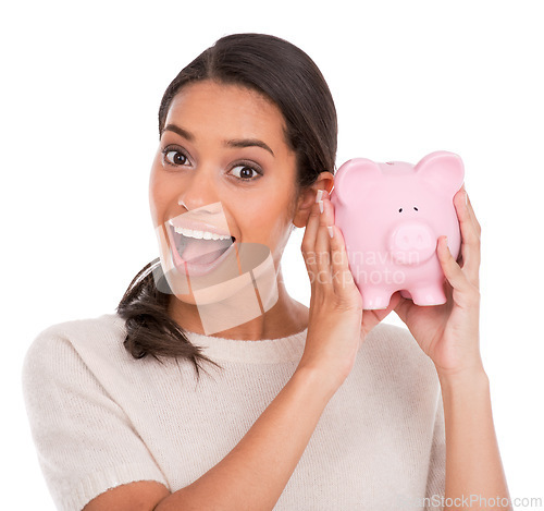 Image of Wow, portrait and woman with piggy bank in studio for budget, savings or investment growth on white background. Money, box or face of excited model with financial, payment or cashback funding success