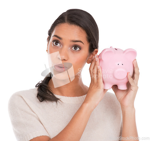 Image of Face, thinking and woman with piggy bank in studio for budget, savings or investment growth on white background. Money, box or female model with financial, payment or checking cashback funding