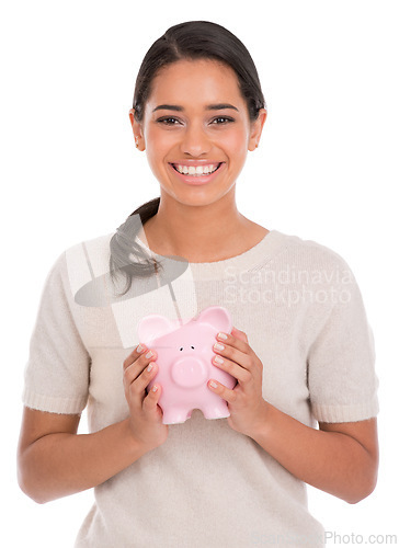 Image of Happy, portrait and woman with piggy bank in studio for investment, growth for financial freedom on white background. Money, box and model face with cash container for funding, cashback or payment