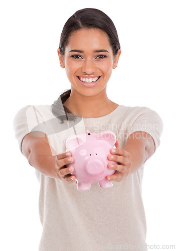 Image of Portrait, hands and woman with piggy bank offer in studio for investment, growth for financial freedom on white background. Money, box or model with cash container for funding, cashback or payment