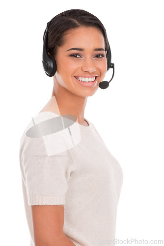 Image of Portrait, call center and woman consulting in studio for contact us, crm or customer support on white background. Telemarketing, faq and face of female consultant with loan advice, help or assistance