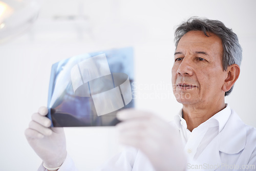 Image of Senior dentist, man and x ray of teeth for dental surgery, healthcare and oral health with treatment at clinic. Medical professional with analysis of scan, radiology and orthodontics with mouth care