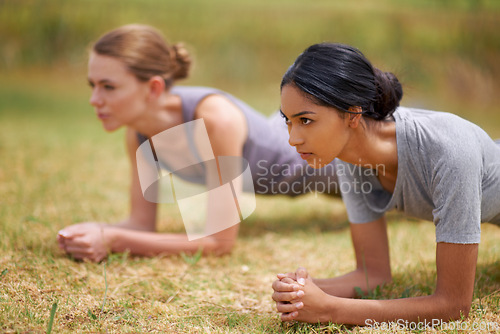 Image of Woman, friends and plank in fitness for core strength, exercise or outdoor workout on field in nature. Young female person or team in ab training for muscle, stamina or endurance on green grass
