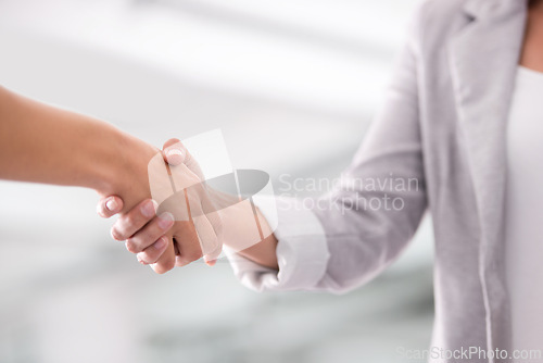 Image of Business people, handshake and recruitment or onboarding in office, support and collaboration. Partnership, introduction and welcome for acquisition of workplace, networking and thank you in closeup