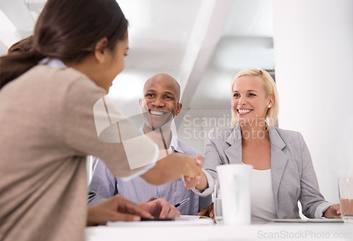 Image of Interview, handshake or business people in office meeting or welcome, hiring or startup negotiation deal success. Welcome, thank you or team shaking hands in b2b support, collaboration or partnership