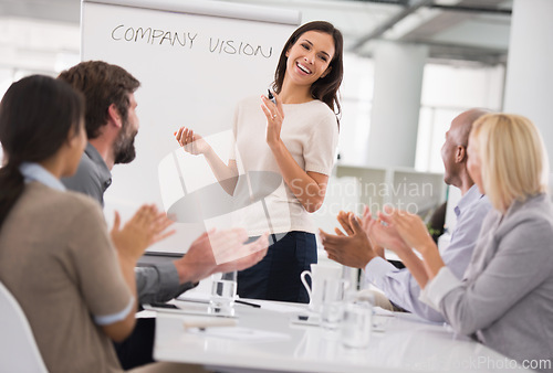 Image of Presentation, applause and people in business meeting with goal, vision or teamwork celebration. Training, success and team clapping hands for woman speaker with motivation, speech or wow solution