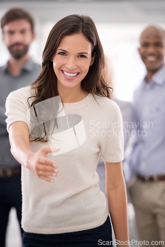 Image of Portrait, woman and business handshake offer in office with team for onboarding welcome. Recruitment, face or female recruiter with shaking hands gesture for thank you, success or b2b hiring deal