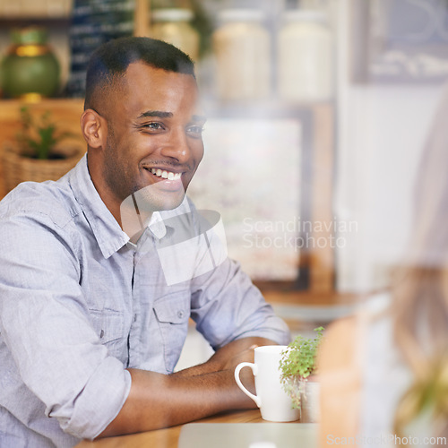 Image of Coffee, black man and thinking in cafe with woman for date, vacation or morning drink on holiday. Smile, male person and happy in restaurant with girlfriend for bonding, love or break together