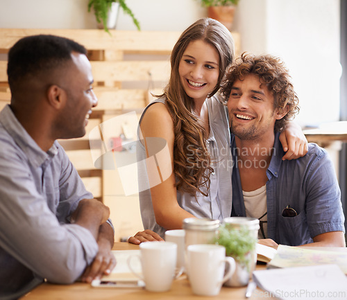 Image of Smile, laugh and university friends in restaurant together for bonding, social gathering and study group. Coffee shop, brunch and people relax in cafe for book club with drinks, diversity and fun.