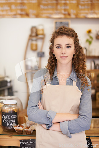 Image of Portrait, welcome and girl with confidence in restaurant for service with small business owner in store. Coffee shop, cafe or woman manager with pride, hospitality or entrepreneur at startup bakery.