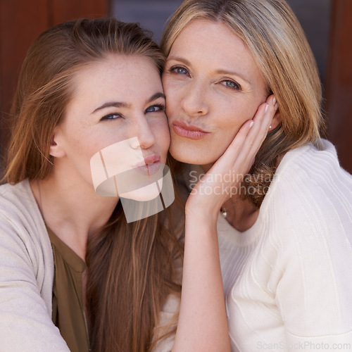 Image of Happy family, portrait or love of mother and daughter with embrace for support, trust or care at home. Face of female person, parent or bonding together in parenthood, relationship or friendship