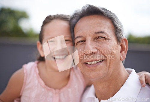Image of Happy, portrait and grandpa with girl outdoor on holiday or vacation together in retirement with love. Senior, man and hug grandparent in selfie with child in backyard, garden or relax in Mexico
