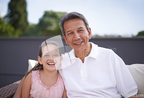 Image of Happy, portrait and grandpa with girl outdoor on holiday or vacation together in retirement with love. Senior, man and grandparent relax with child on sofa in backyard, garden or embrace in Mexico