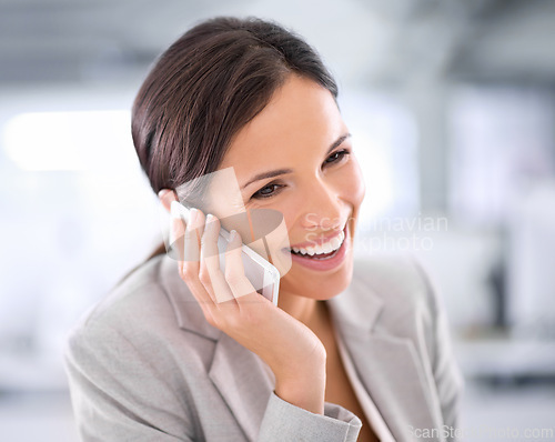 Image of Professional, networking and happy phone call with woman in office with communication of investment. Investor, smile and thinking on smartphone with information for client on stocks or finance