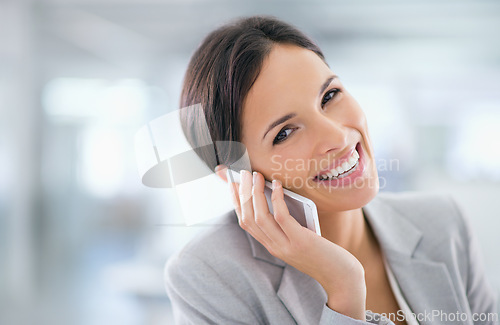 Image of Professional, networking and happy phone call with woman in office with communication of investment. Investor, portrait and smile on smartphone with information for client on stocks, news or finance