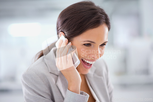Image of Professional, thinking and happy phone call with woman in office with communication on investment. Investor, smile and networking chat on smartphone with information for client on stocks or finance