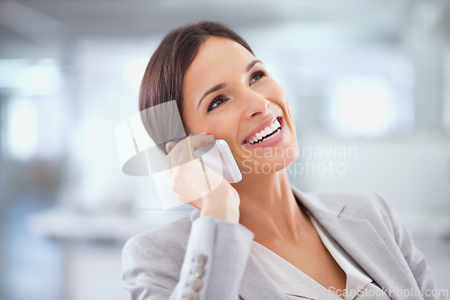 Image of Happy, thinking and professional phone call with woman in office for communication of investment. Investor, smile and networking on smartphone with information for client on stocks, strategy or idea