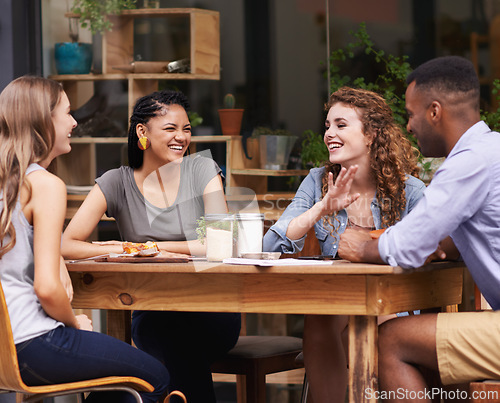 Image of Friends, relax with people at cafe and conversation for bonding, diversity and trust outdoor in San Francisco. Support, loyalty and friendship date in coffee shop for social gathering or reunion