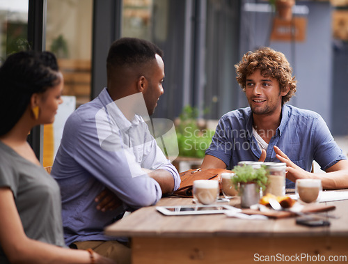 Image of Friends, relax with people at cafe and bonding with conversation, diversity and trust outdoor in San Francisco. Support, loyalty and friendship date in coffee shop for social gathering or reunion