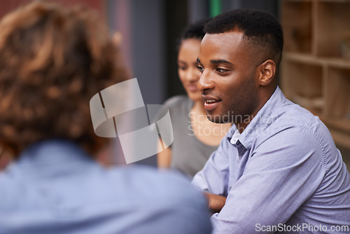 Image of Friends, people relax together at cafe and bonding with conversation, diversity and trust outdoor in San Francisco. Support, loyalty and friendship date in coffee shop for social gathering or reunion