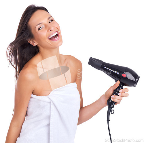 Image of Woman, portrait and hairdryer for beauty treatment in studio with salon tool with towel for morning routine, white background or style. Female person, equipment and heat or blowing, texture or mockup