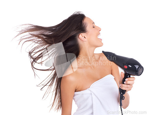 Image of Woman, hair and blow dryer in studio for beauty treatment on white background or salon product, wellness or routine. Female person, equipment and towel for morning care in London, cleaning or mockup