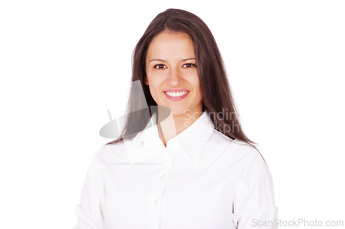 Image of Businesswoman, portrait and corporate confidence in studio as financial consultant for investment, finance or accounting. Female person, face and white background in London, legal advice or mockup